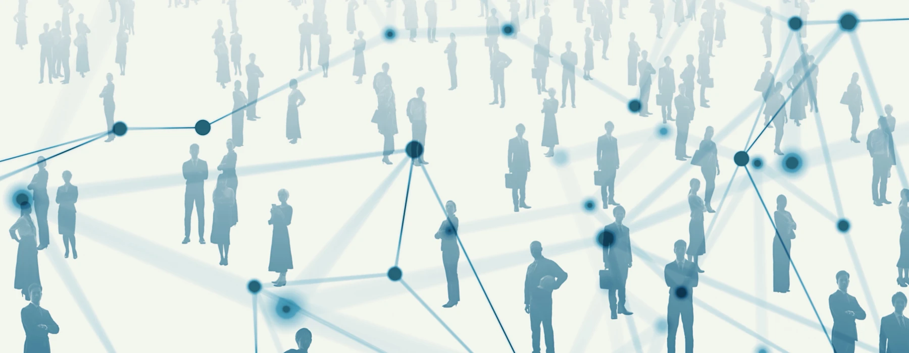 Abstrakte Darstellung eines vernetzten Netzwerks aus Silhouetten von Menschen, symbolisiert Partnerschaften und Zusammenarbeit