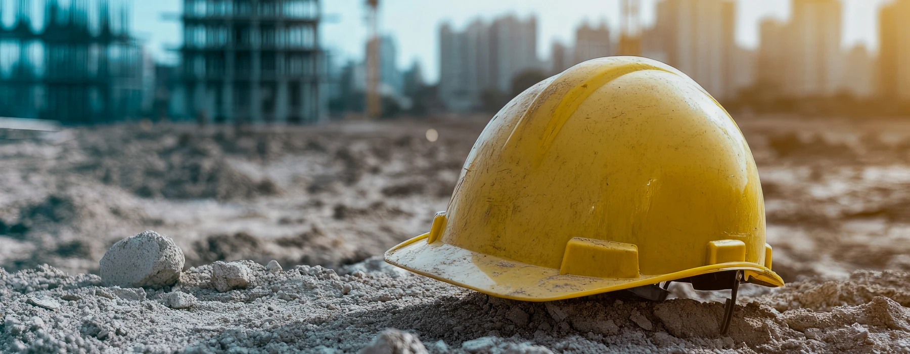 Arbeitsschutz und Sicherheit – Gelber Bauhelm auf Baustelle mit Kränen im Hintergrund als Symbol für Arbeitssicherheit