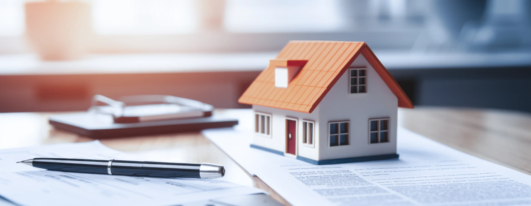 Immobilien-, Miet- und WEG-Recht – Miniaturhaus auf Vertragsdokumenten mit Stift, symbolisiert Mietverträge, Wohnungseigentumsrecht und aktuelle rechtliche Entwicklungen im Immobilienbereich