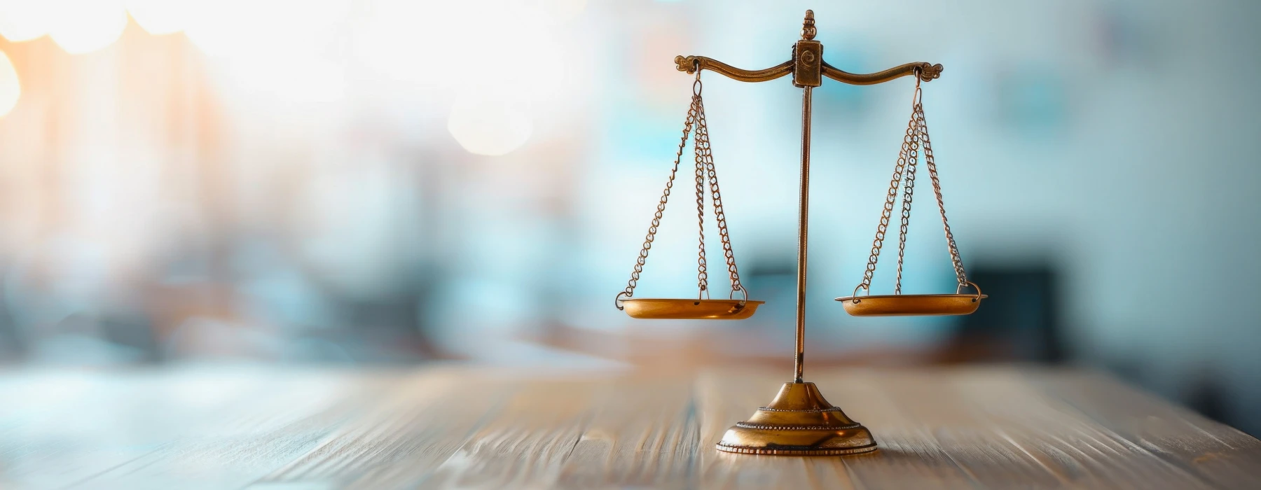 Recht – Goldene Waage auf einem Schreibtisch als Symbol für Gerechtigkeit, Gesetz und Rechtsprechung