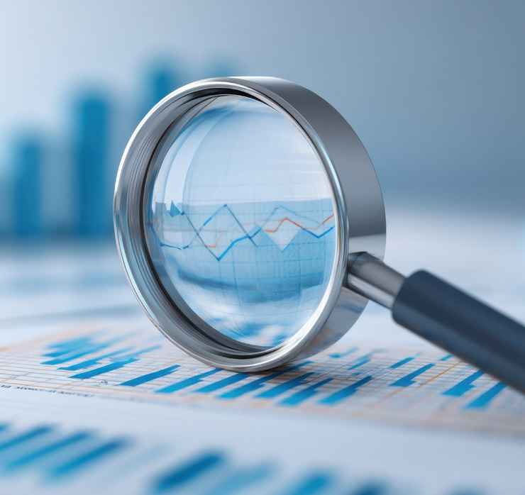 Diagramme und Lupe als Symbol für Analyse von Bilanz und Steuerdaten