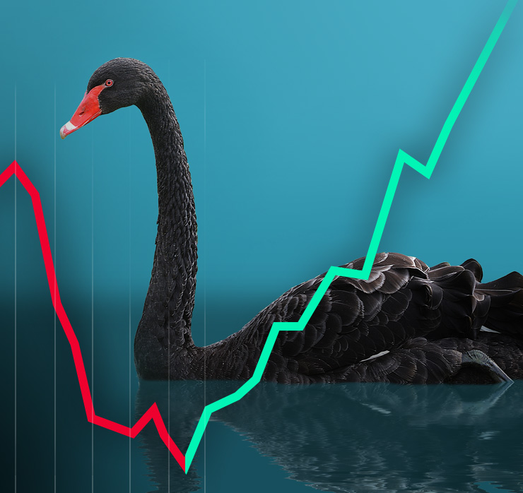 Schwarzer Schwan auf Wasser mit fallender und steigender Kurve als Symbol für unerwartete Risiken