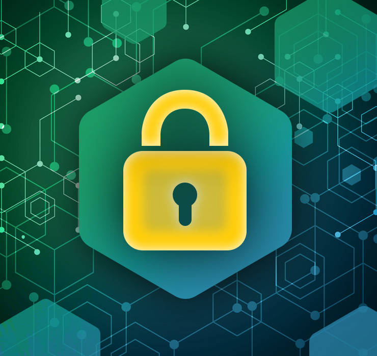 Schloss-Symbol als Cybersecurity-Icon vor digitalem Netzwerkhintergrund in Grün- und Blautönen