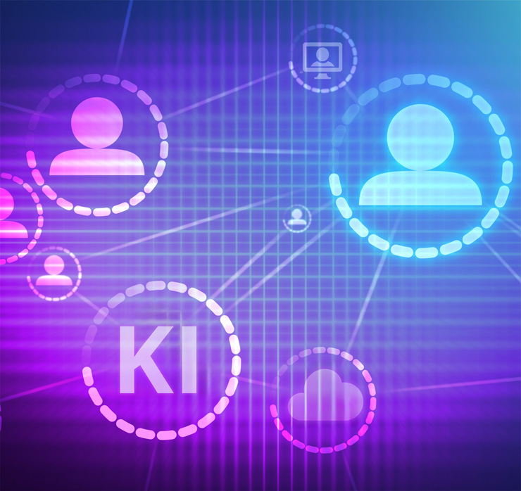Digitale Netzwerkstruktur mit KI-Symbol und Nutzerprofilen – symbolisiert KI-Einsatz, Mitbestimmung und Arbeitswelt im Wandel