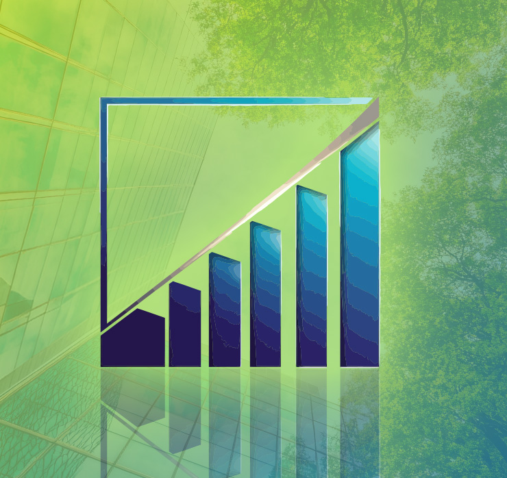 Nachhaltigkeitsbericht mit ansteigendem Balkendiagramm vor grünem Hintergrund – symbolisiert doppelte Wesentlichkeit, CSRD-Compliance und strukturierte ESG-Berichterstattung