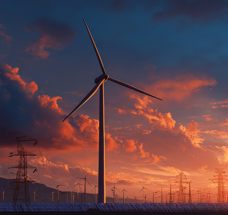 Windkraftanlagen, Strommasten und Energieinfrastruktur bei Sonnenuntergang als Symbol für die Energiewende und erneuerbare Energien