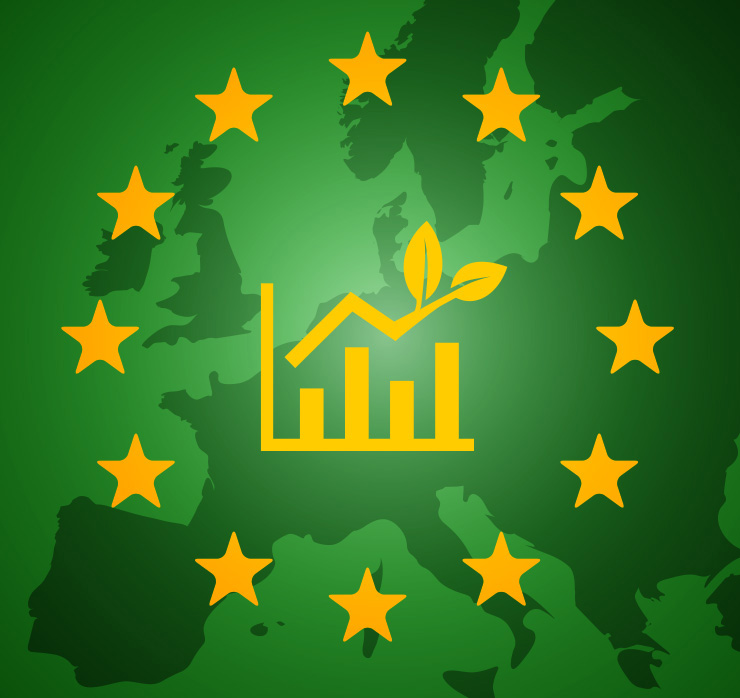 EU-Nachhaltigkeitsregulierung: Europa-Karte mit EU-Sternen und grünem Balkendiagramm mit Blatt-Symbol