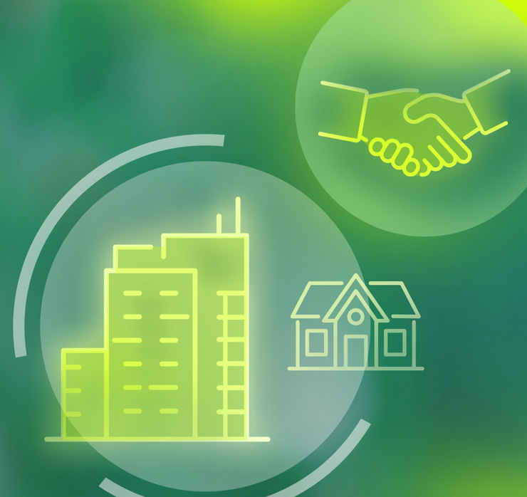Symbolgrafik mit Gebäuden, Haus und Handschlag – steht für Immobilienverkäufe, steuerliche Übertragungen und umsatzsteuerrechtliche Geschäftsveräußerung