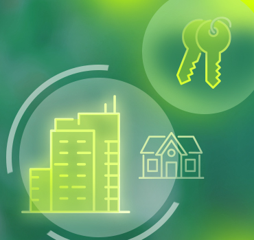 Symbolgrafik mit Gebäuden, Wohnhaus und Schlüsselpaar – steht für Immobilienvermietung, Verpachtung und umsatzsteuerrechtliche Aspekte wie Steuerbefreiung und § 9-Option