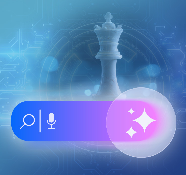 Schachfigur vor digitalem Hintergrund mit KI-Symbolleiste – steht für strategische Entscheidungen und KI-gestützte Analyse im Management