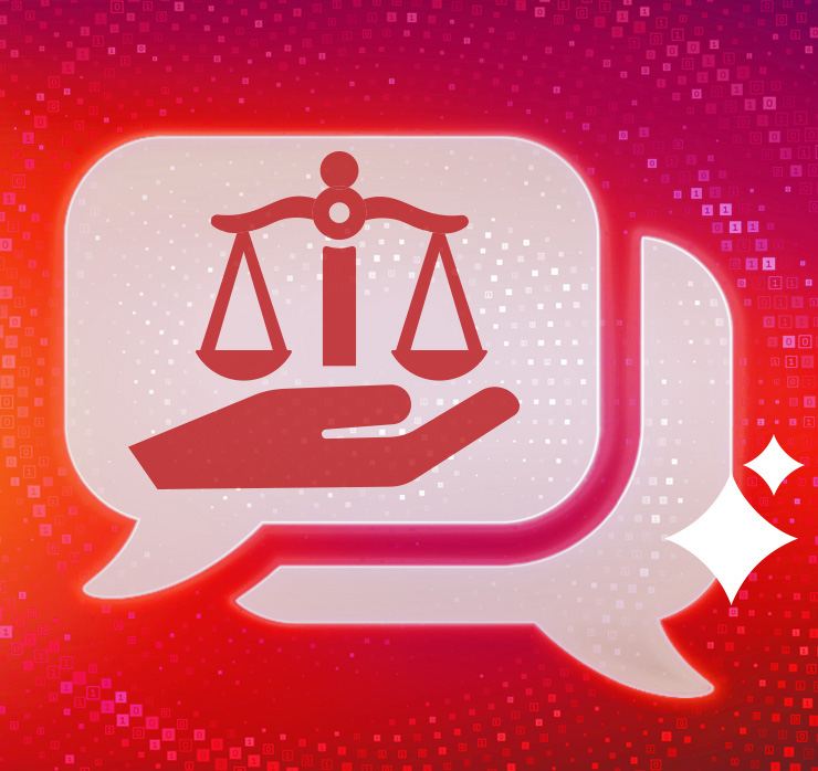 Zwei Sprechblasen mit Waage und Hand – Motiv für den Einsatz von KI im Sozialrecht sowie rechtliche Fragestellungen