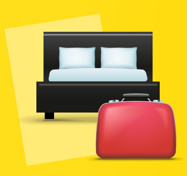 Symbolgrafik mit Hotelbett und rotem Koffer vor gelbem Hintergrund – steht für Übernachtungsleistungen und Reiseangebote im Kontext der Margenbesteuerung