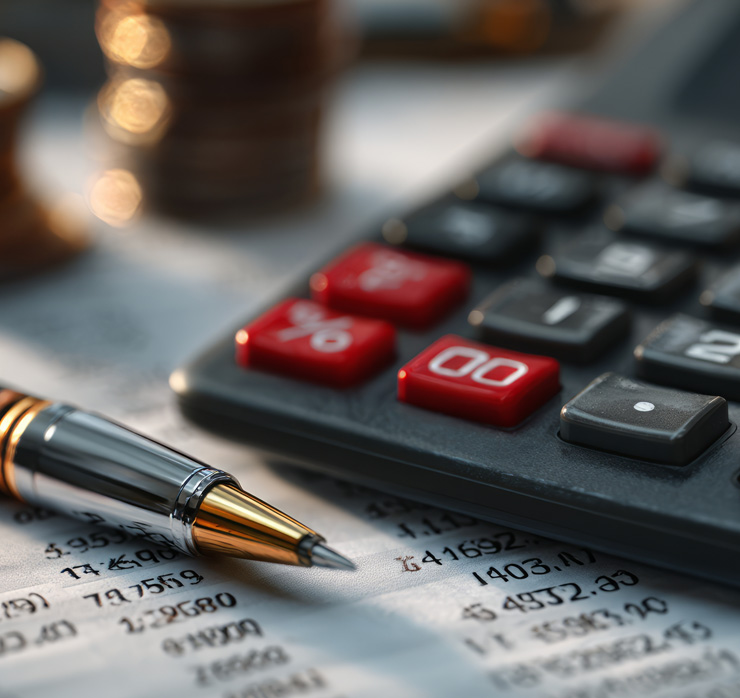 Finanzunterlagen mit Taschenrechner als Symbol für Rechnungslegung in Energie- und Wasserversorgungsunternehmen