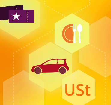 Symbolgrafik mit Auto, Gedeck und „USt“ auf gelbem Hintergrund – steht für Sachbezüge und deren umsatzsteuerliche Behandlung