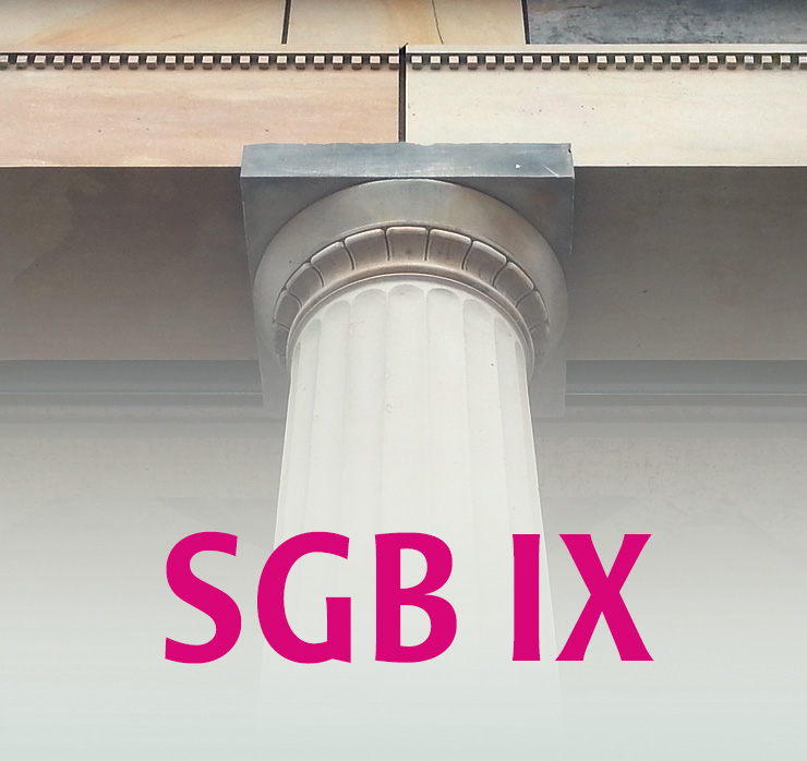 Säule mit Kapitell vor Gerichtsgebäude, darüber der Schriftzug „SGB IX“ in Magenta