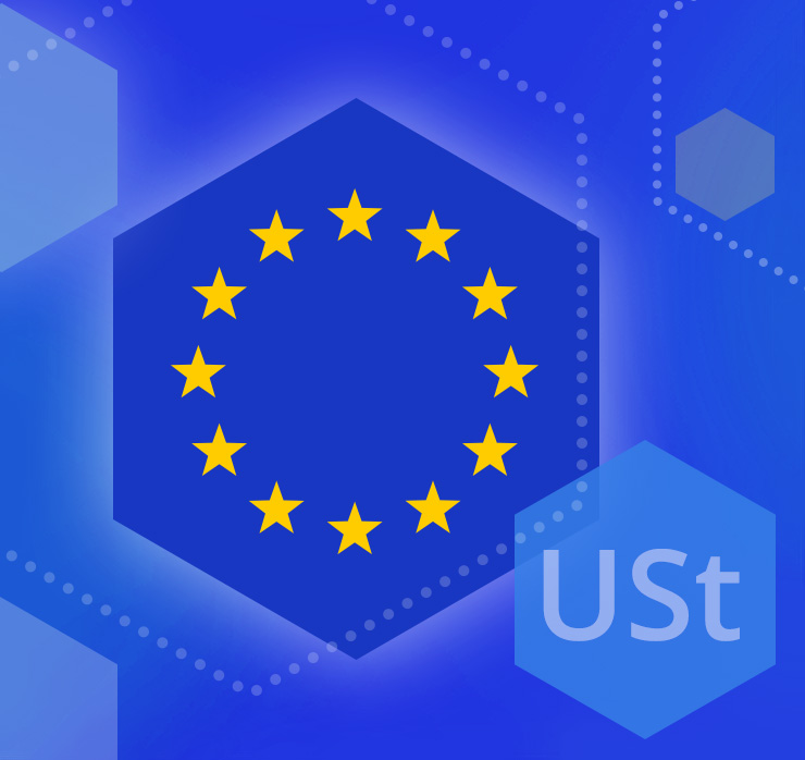 Europaflagge und Umsatzsteuer-Symbol zur Darstellung des EU-Binnenmarkts und grenzüberschreitender Leistungen.