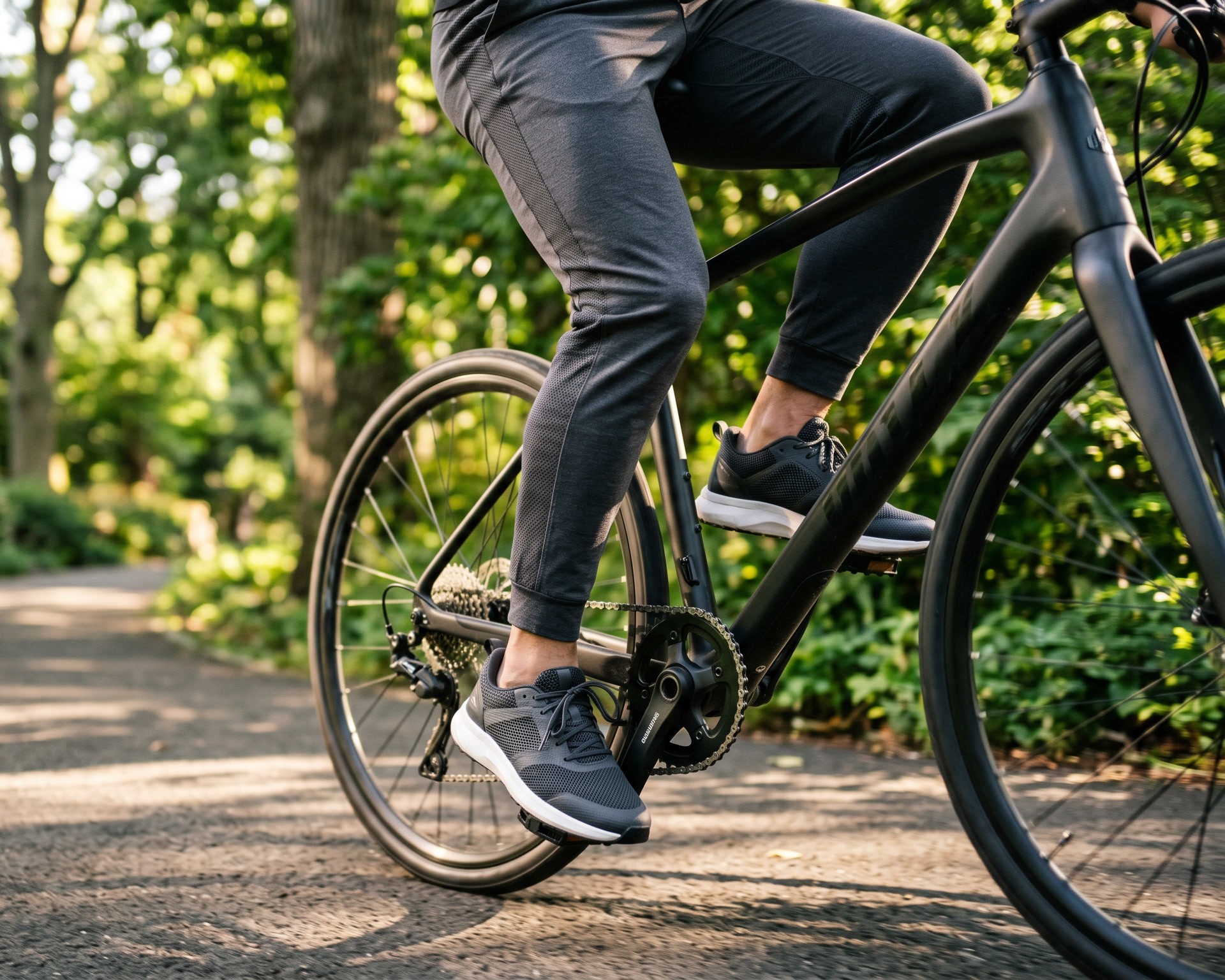 Nahaufnahme einer Person auf einem Fahrrad auf einem befestigten Weg in einer grünen Park- und Waldlandschaft.