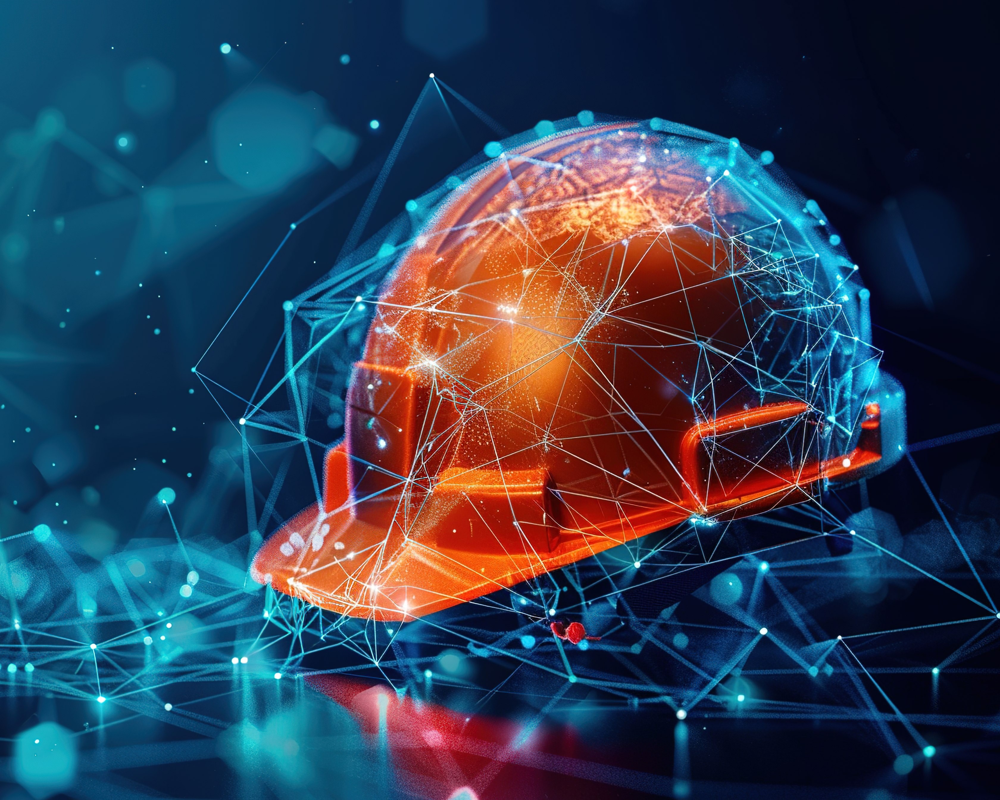 Orangefarbener Schutzhelm vor blauem Hintergrund mit digitalen Netzstrukturen, leuchtenden Verbindungslinien und grafischen Technologiemustern.