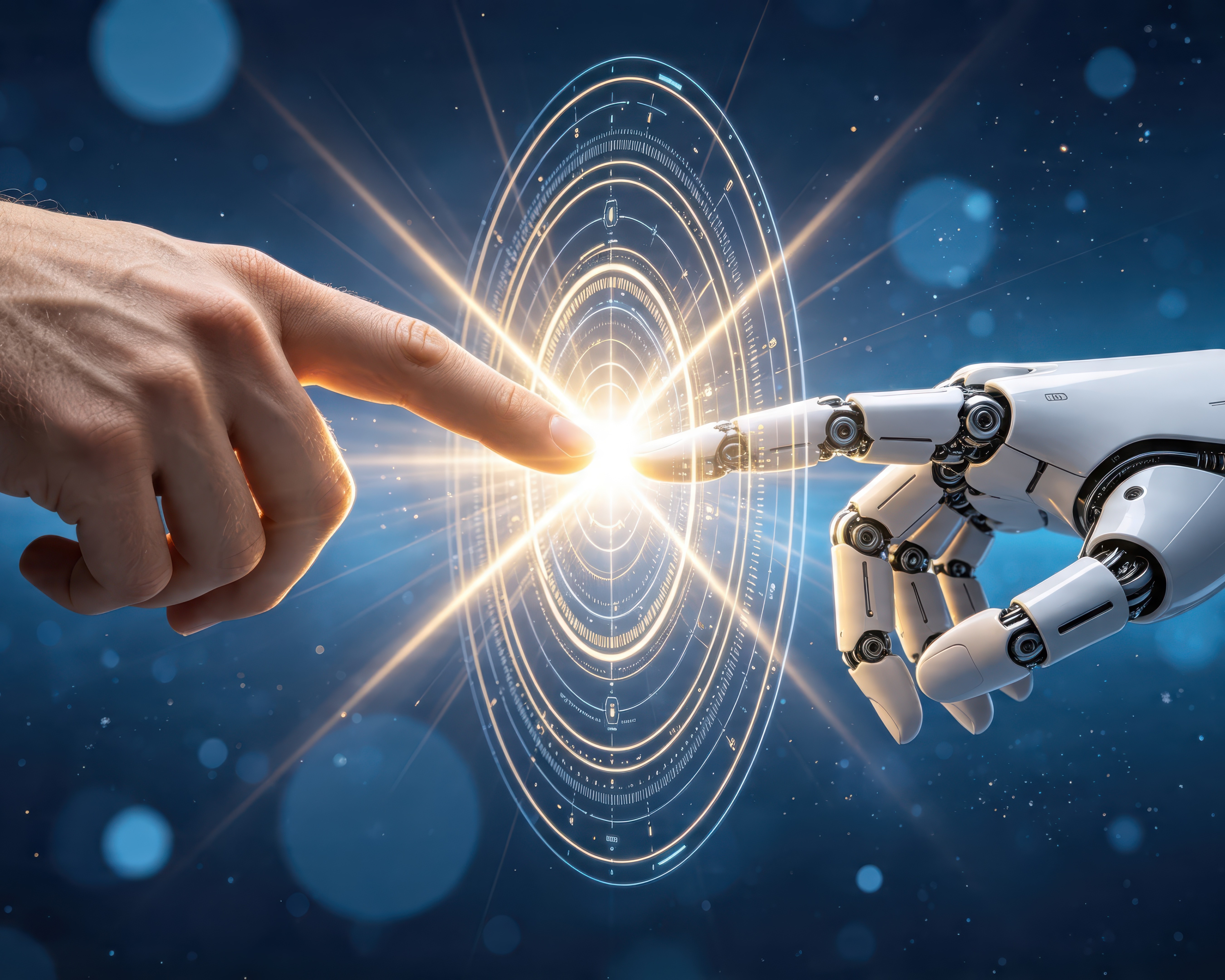 Menschlicher Zeigefinger und robotische Hand berühren sich vor einem leuchtenden digitalen Kreis auf blauem Technologiehintergrund.