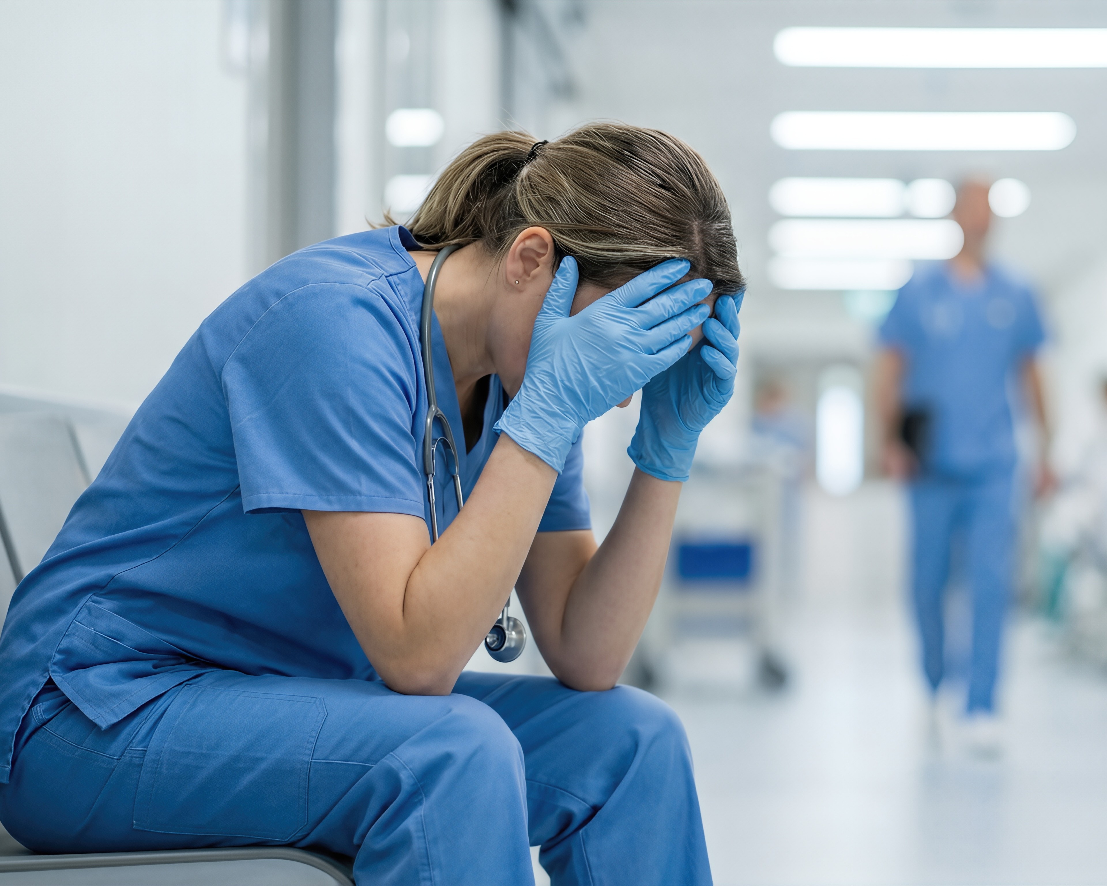 Person in medizinischer Arbeitskleidung sitzt auf einer Bank in einem Krankenhausflur und hält die Hände vor das Gesicht.