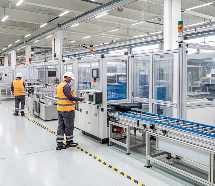 Moderne Produktionsanlage mit automatisierten Fertigungslinien und Beschäftigten in einer Industriehalle als Symbol für Umweltinnovationen und effiziente Produktion.