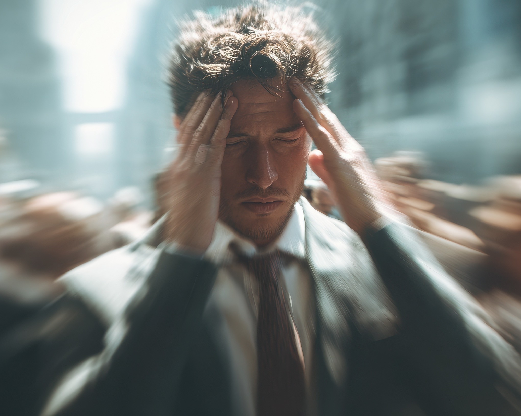 Gestresste Person in Business-Kleidung hält beide Hände seitlich an den Kopf.