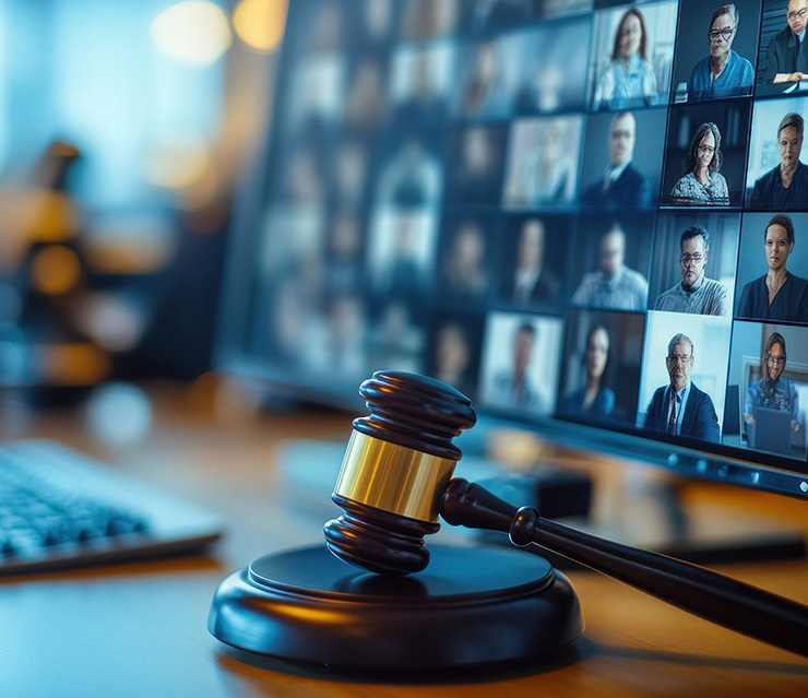 Richthammer vor einem Bildschirm mit einer laufenden Videokonferenz als Symbol für digitale Gerichtsverhandlungen und gerichtliche Kostenregelungen.